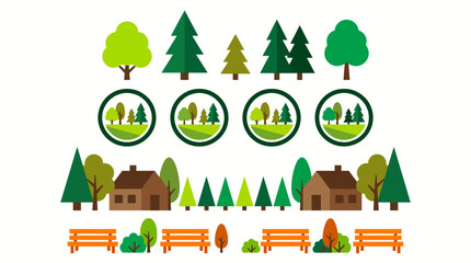 Fototapeta premium Stylized forest park scene with diverse trees, circular forest icons, benches, and log cabins in a vector nature illustration