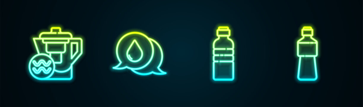 Set line Water jug with a filter, drop speech bubbles, Bottle of water and . Glowing neon icon. Vector