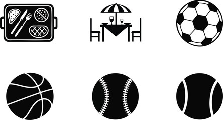 Obraz premium Set of sports balls and food tray icons in vector silhouette style for outdoor activities.