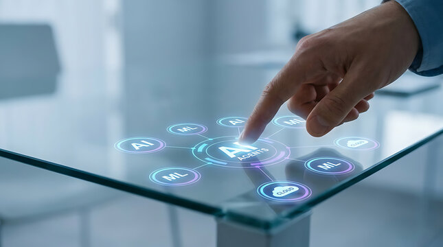 Professional businessman touching a futuristic digital interface showing artificial intelligence network icons on a sleek glass office table in a modern corporate workspace environment