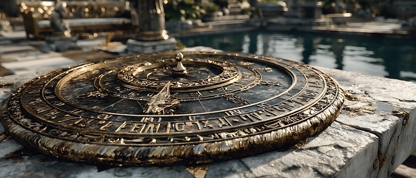Elegant stone sundial with golden accents high resolution picture