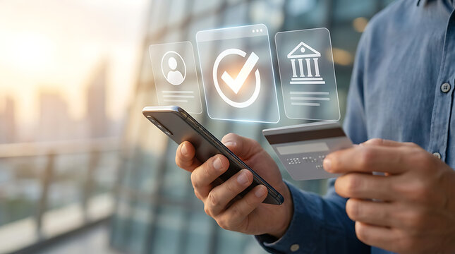 Business professional holding a smartphone and credit card with digital banking interface overlays showing successful transaction verification and account security icons outdoors