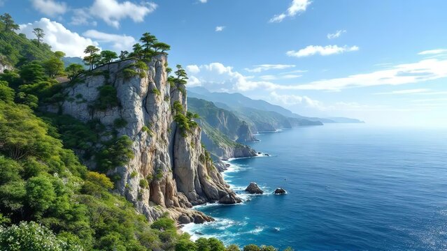 dramatic coastal cliff with lush greenery overlooking turquoise mediterranean sea summer landscape
