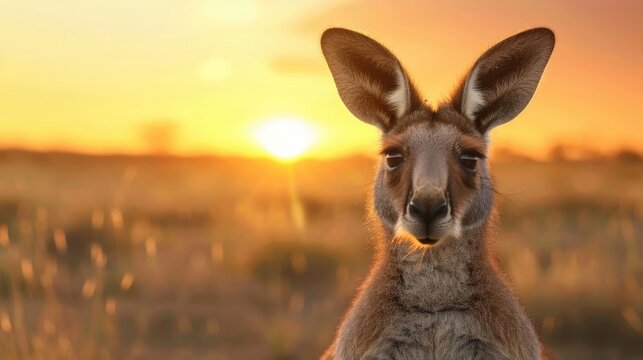 A detailed close up of a kangaroo s face and upper body set against a blurred Australian outback landscape during sunset with the sun s golden rays illuminating the scene