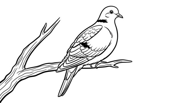 A detailed black and white line of a mourning dove perched on a tree branch