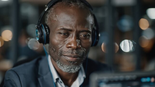 Mature professional man wearing headset in modern office. Customer service, tech support, and remote work concept.