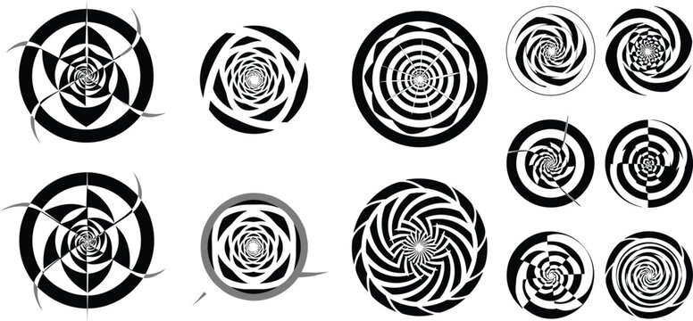Abstract spiral vortex shapes collection with circular swirl patterns, dynamic rotating geometric elements in black and white isolated on white background vector illustration set