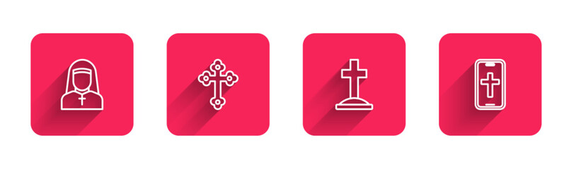 Fototapeta premium Set line Nun, Christian cross, Grave with and on phone with long shadow. Red square button. Vector