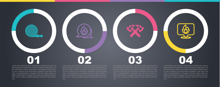 Set line Fire hose reel, Emergency call, Firefighter axe and Location with fire flame. Business infographic template. Vector
