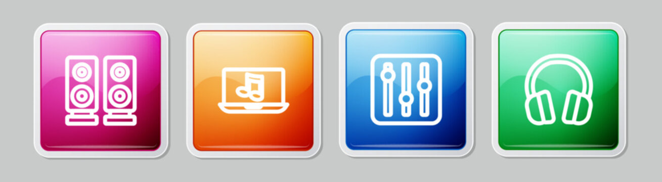 Set line Stereo speaker, Laptop with music, Sound mixer controller and Headphones. Colorful square button. Vector