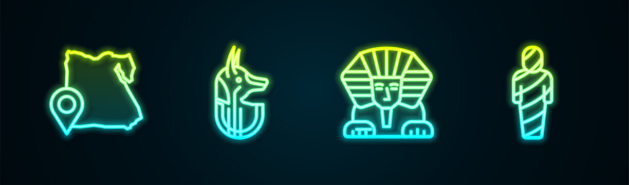 Set line Map of Egypt, Egyptian anubis, Sphinx and mummy. Glowing neon icon. Vector