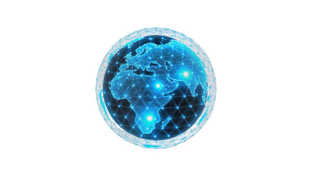Digital glowing blue Earth with interconnected nodes and bright lights, isolated on transparent background