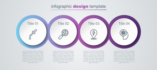 Naklejka premium Set line Pipette, Microorganisms under magnifier, Lightning bolt and Atom. Business infographic template. Vector