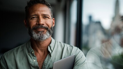 Obraz premium Mature man with beard holding tablet by window with city view. Remote work, digital business, and professional success concept.