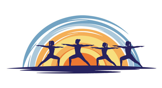 Team of four rowers in a sleek boat practicing rowing on calm water during sunrise or sunset with vibrant sky