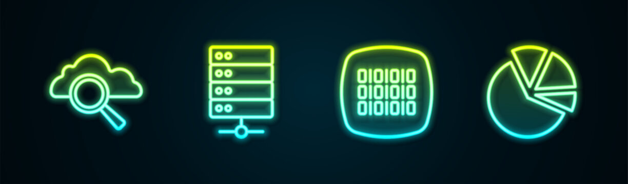 Set line Search cloud computing, Server, Binary code and Pie chart infographic. Glowing neon icon. Vector