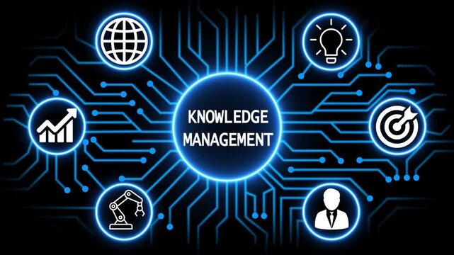 knowledge management concept with circuit lines and digital symbols hovering above a businessman, technology. manufacturing process management all connected in a digital circle like pattern.