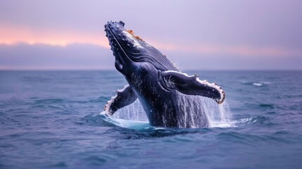 Naklejka premium A powerful humpback whale erupts from the deep blue ocean in a spectacular breaching display its massive body glistening with water droplets against a serene mist kissed horizon at dawn or dusk