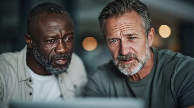 Two mature men in casual conversation looking at screen together. Business mentoring, teamwork, and professional collaboration concept.