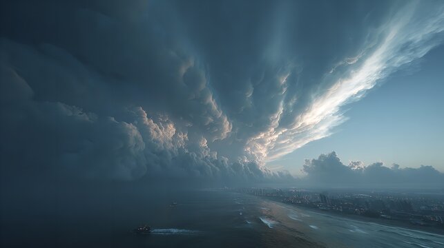 Beautiful dark storm clouds time lapse over the blue horizon with dramatic sunlight breaking through the summer sky during a changing weather atmosphere