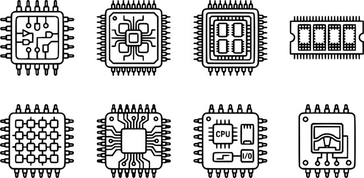 Chip Icon Set. Outline icon set of chip types: microchip, CPU, GPU, memory chip, FPGA, ASIC, microcontroller, sensor chip.