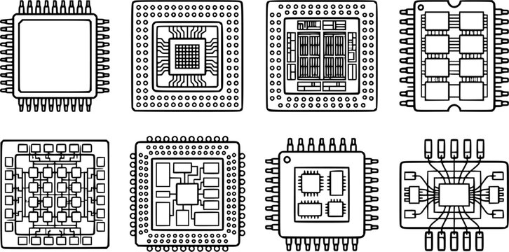 Chip Icon Set. Outline icon set of chip types: microchip, CPU, GPU, memory chip, FPGA, ASIC, microcontroller, sensor chip.