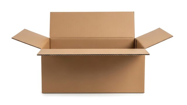 A brown cardboard box with its flaps open