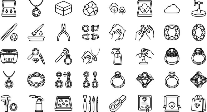 Garnet Care Icons. Outline icon set of garnet care and maintenance: jewelry cleaning, polishing cloth, jewelry box, gemstone, rings 