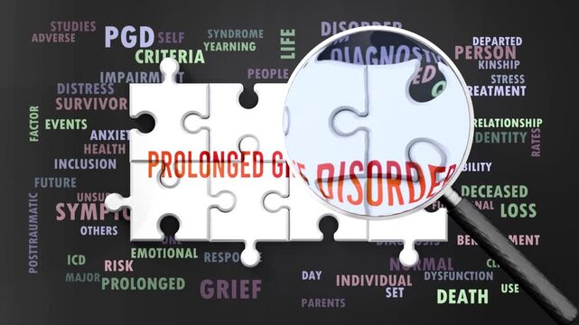 Prolonged Grief Disorder under magnifying glass, being researched, studied and examined. Most important subjects closely related to prolonged grief disorder written around a puzzle. Can be looped