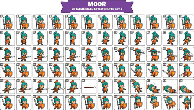 2D Game Character Sprite Sheet with Running, Jumping, Attacking, and Idle Animations for Game Design and Development Projects