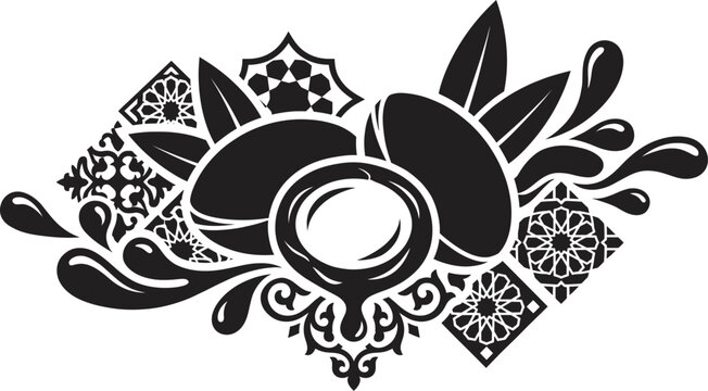 Argan oil nuts and leaves with decorative pattern design Vector Geographical Indication product