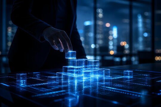 Digital business strategy and technology innovation concept. Businessman hand stacking glowing data cubes building a network structure in smart city.