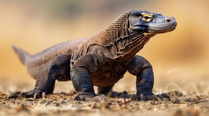 Fototapeta premium Majestic Komodo dragon a formidable reptile with scaled skin traverses arid island terrain under natural daylight showcasing its powerful presence