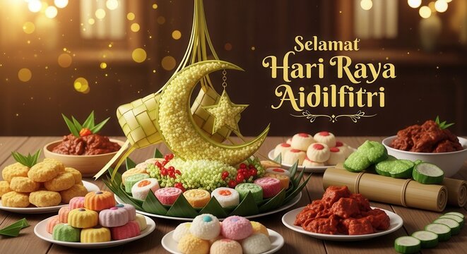 Hari Raya Aidilfitri celebration spread with traditional kuih and ketupat during festive evening