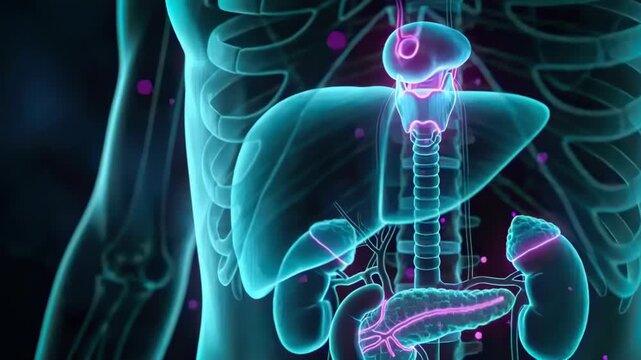 Zooming camera showing 3D torso in dark studio, highlighting pulsing pancreas and magenta particles