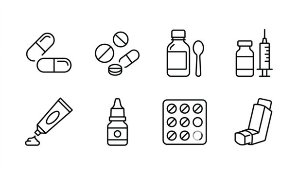 Dosage forms linear icon set with pharmaceutical medicine types in clean medical outline style
