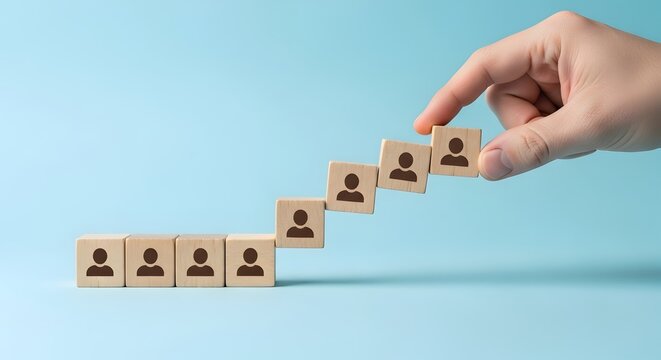 Career growth and human resources development concept. Hand stacking wooden blocks with employee icons forming a rising staircase representing business promotion and team building.