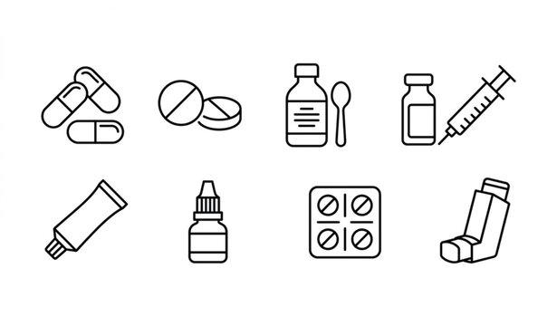 Dosage forms linear icon set with pharmaceutical medicine types in clean medical outline style