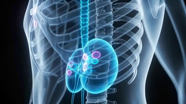 Rotating camera revealing luminescent kidneys in clinical animation, highlighting pink nodules