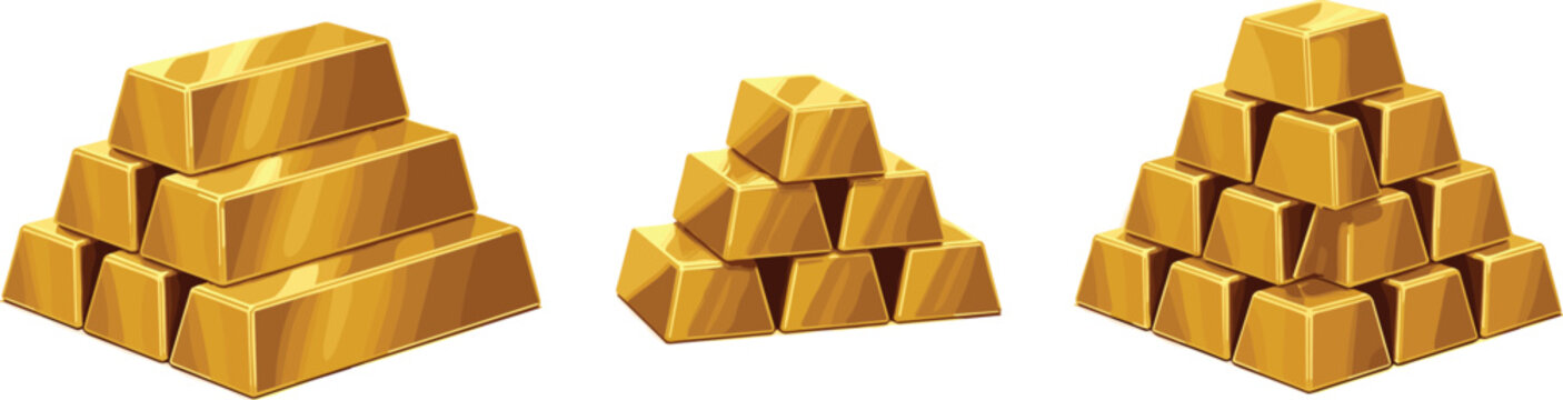 Set of stacked gold bars in pyramid arrangements, shiny metallic bullion ingots isolated on white background, wealth finance investment concept vector illustration