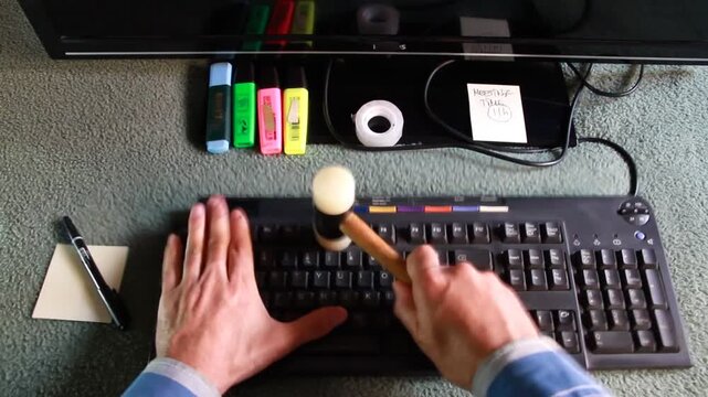 Golpeando teclado de ordenador con martillo en hammer strike y pu&ntilde;etazos punch rompiendo el teclado enfado de usuario enfadado  con tecnolog&iacute;a