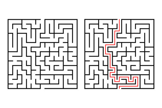 Vector Square maze or labyrinth game with Included Solution. New idea find, creative maze puzzle	