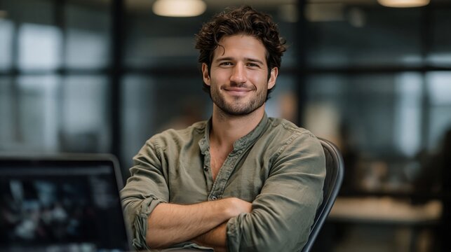 Confident male professional with crossed arms in modern office. Tech industry, leadership, and workplace success concept.