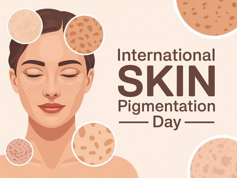 International skin pigmentation day concept with a woman face and various skin texture closeups showing hyperpigmentation