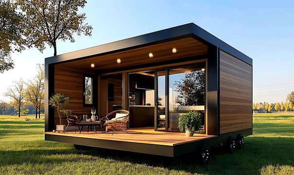 Modern tiny house on wheels with wooden exterior and deck in grassy field.