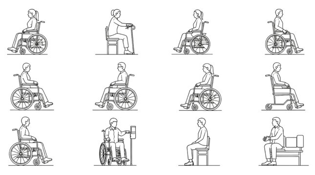 Disabled People Wheelchair CAD Block Set Side Elevation, Clean Thin Line Blueprint Style Accessibility Figures Grid Isolated on White