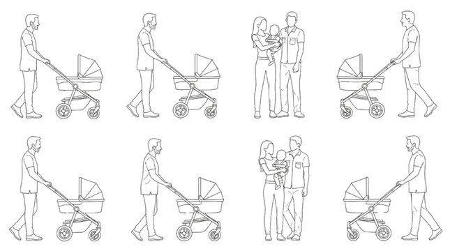 Parents with Baby Stroller CAD Block Set Side Elevation, Clean Thin Line Blueprint Style Family Figures Grid Isolated on White