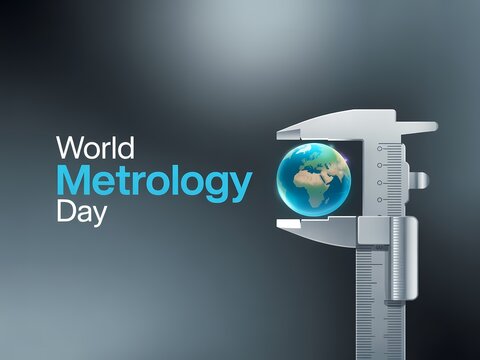 World metrology day concept with a globe being measured by a digital caliper on a dark gradient background