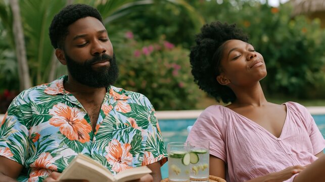 African American couple relaxing by a poolside, man reading a book while woman enjoys a refreshing drink with cucumber slices in a tropical garden setting