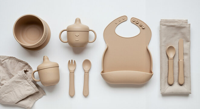 Baby feeding set with utensils and bib in neutral color palette  